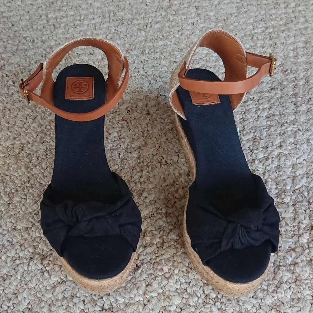 TORY BURCH Knotted Bow Wedge Espadrille Platform Sandal Black/NAVY/ Tan SIZE 6.5